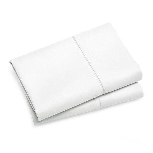 Stacked white standard pillowcases with stitched edge seams, two-pack