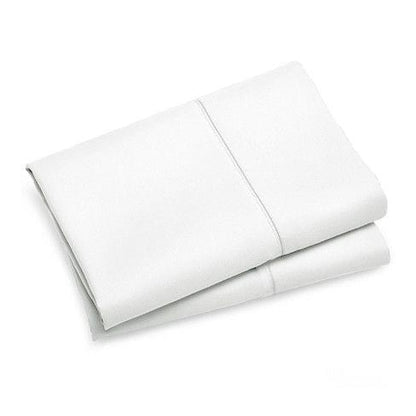 Stacked white standard pillowcases with stitched edge seams, two-pack