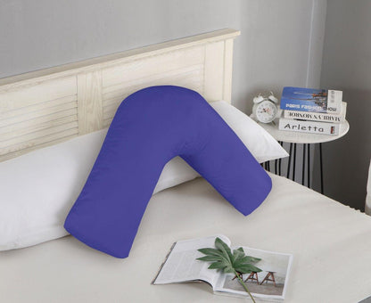 Royal blue V-shape pillowcase with center U opening on a pillow
