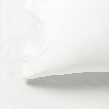 White fitted bed sheet edge with stitched seam and gathered fabric