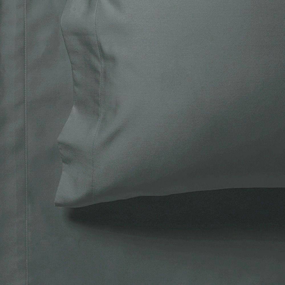 Charcoal fitted sheet edge close-up with stitched seam and smooth fabric