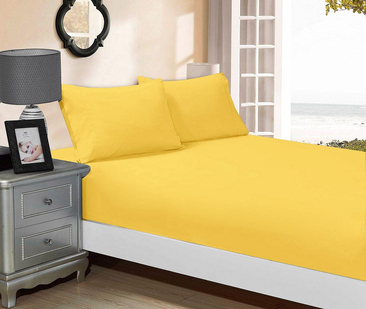 Yellow fitted sheet with two pillowcases, king single bed set