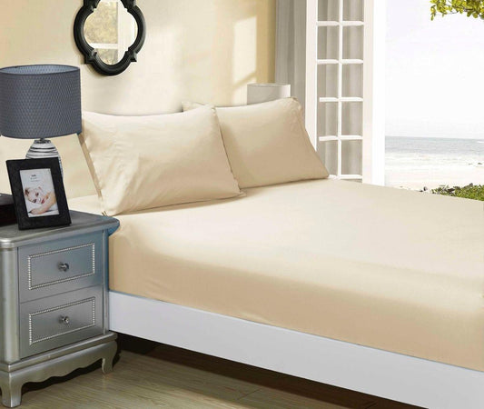 Beige single-bed fitted sheet set with two matching pillowcases