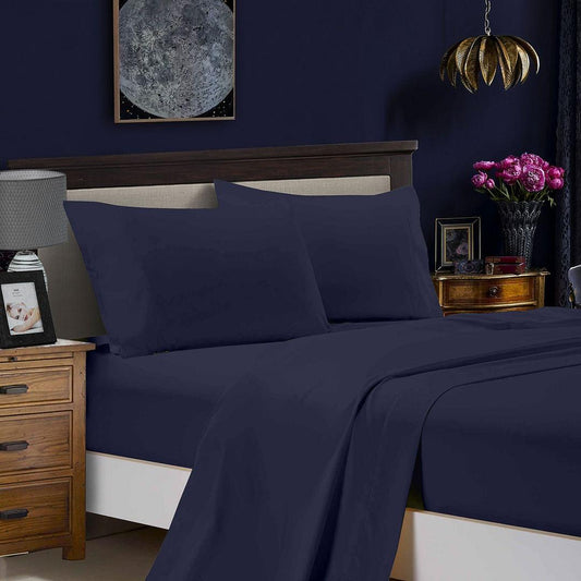 Midnight blue flat and fitted bed sheet set with matching pillowcases