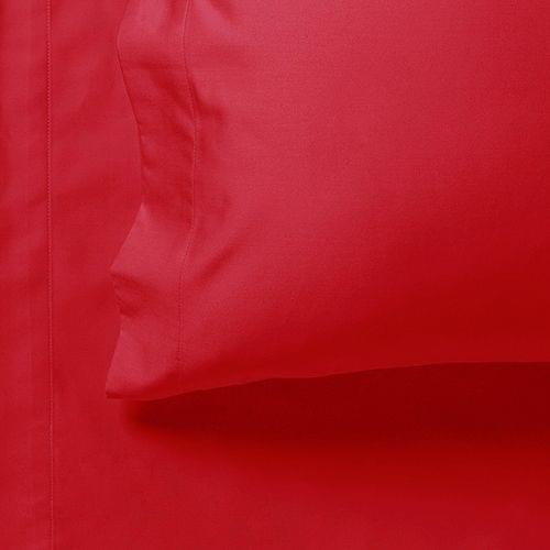 Red bed sheet seam and stitching detail with elasticized edge