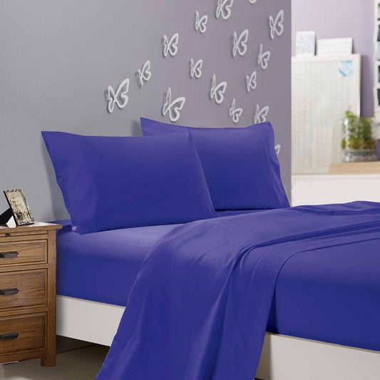 Royal blue bed sheet set with fitted sheet, flat sheet, and two pillowcases