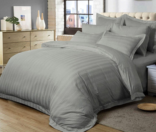 Grey striped duvet cover set with pillowcases, queen size, solid grey bedding