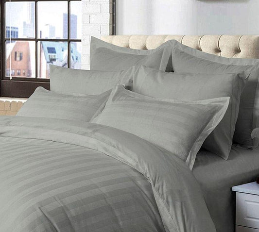 Grey striped duvet cover set with matching pillowcases, queen size, bed-ready