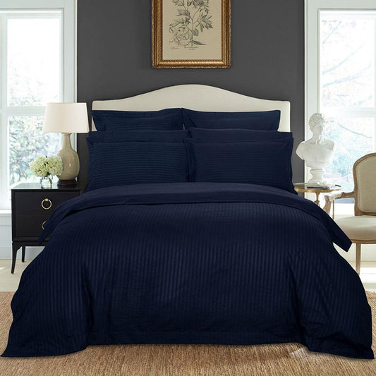 Midnight blue striped duvet quilt cover set with matching pillow shams