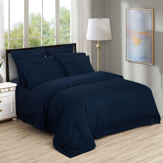 Dark blue striped duvet quilt cover set with pillow shams, queen size
