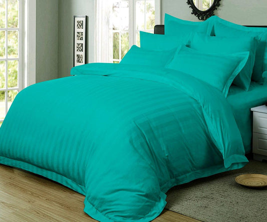 Teal striped duvet quilt cover set with matching pillowcases, queen size