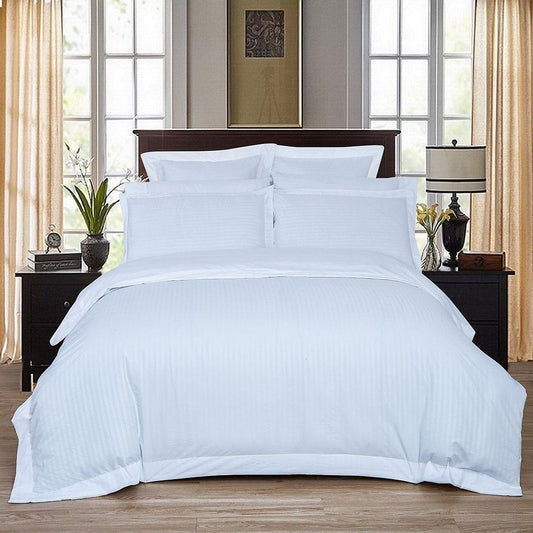 White striped duvet cover set with matching pillow shams, queen size
