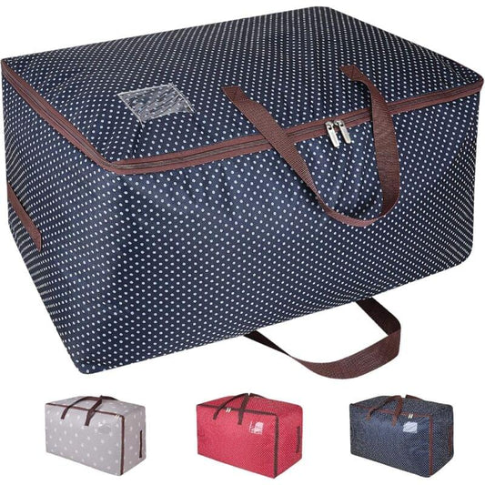 Blue patterned thick garment bag with brown handles and front zipper