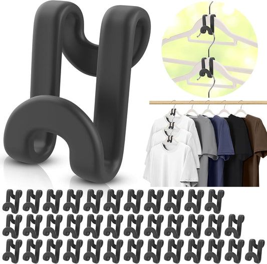 Black plastic hanger extender clips, space-saving connector hooks set