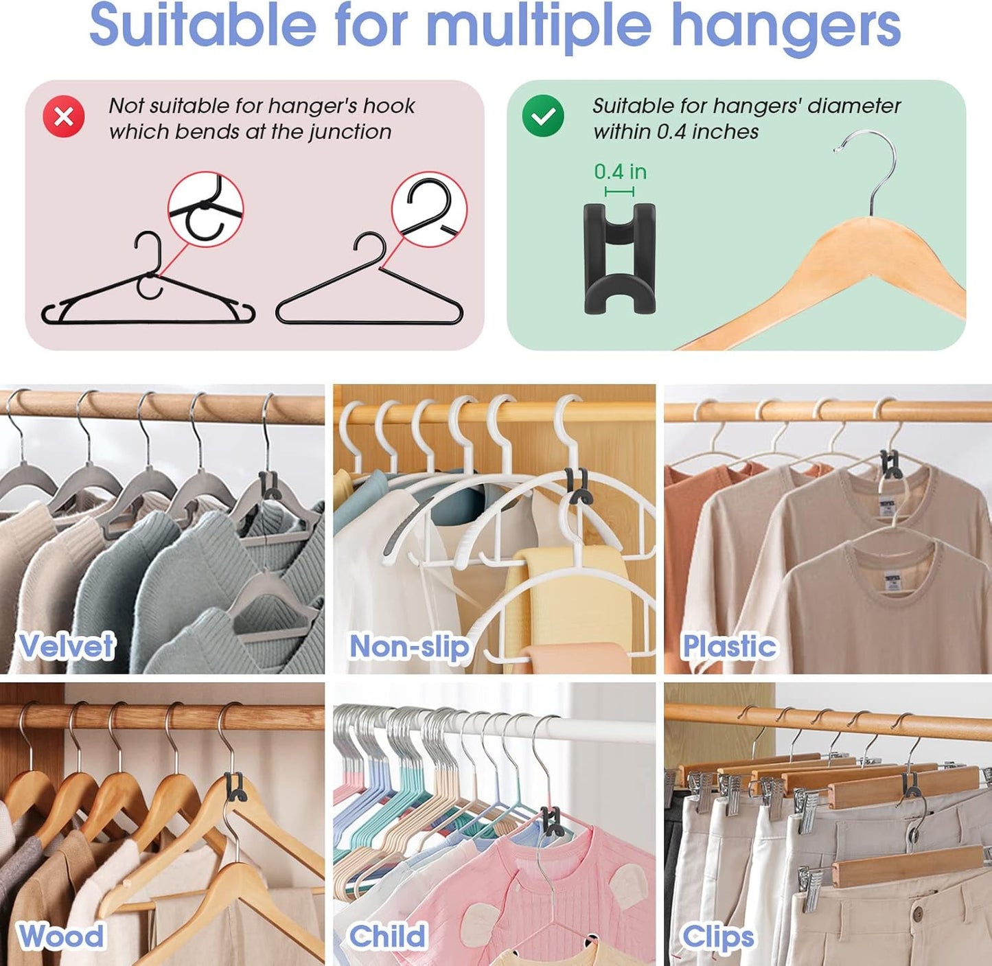 100Pcs Space Saving Hanger Hooks, Plastic Clothes Hanger Connector Hooks, Heavy Duty Space Saver Hanger Extender Clips for Closet Organizers, Black