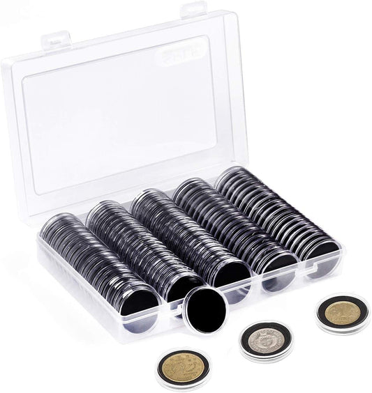 Clear plastic coin holder capsules in a 46mm storage box case