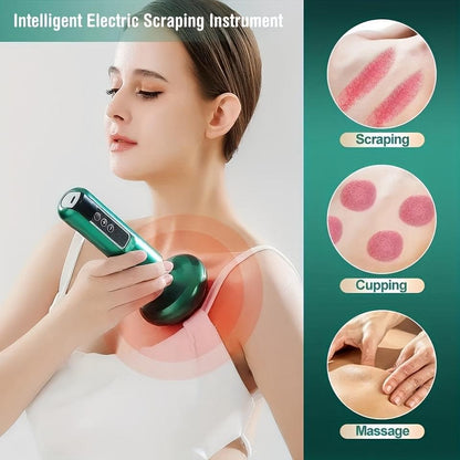 Teal electric scraping and cupping massager held on the neck with LED controls