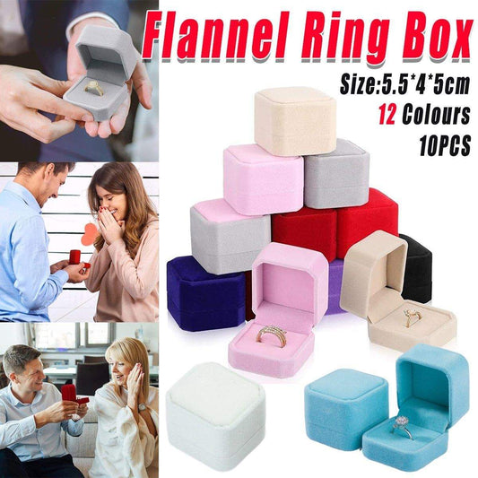 Flannel ring jewelry box set with open/closed velvet cases in pink, gray, and mixed colors