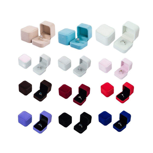 Flannel ring jewelry box set with multiple small velvet ring cases in assorted colors, various styles