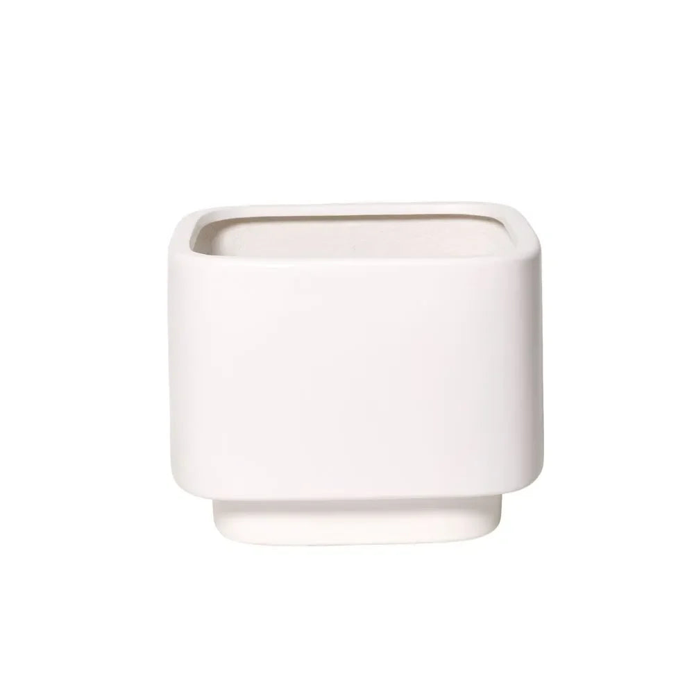 White cube planter with rectangular top cutout and smooth open rim