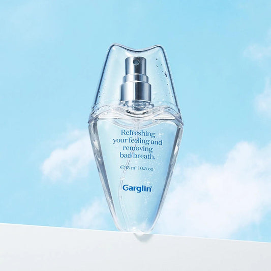 Garglin fresh breath mint spray bottle with silver pump, clear bottle
