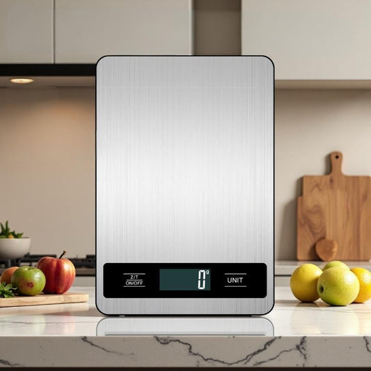 Ultra-thin digital kitchen scale in stainless finish with LCD weight screen
