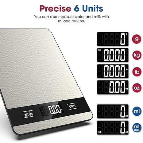 Ultra-thin digital kitchen scale with LCD display and unit buttons on black panel