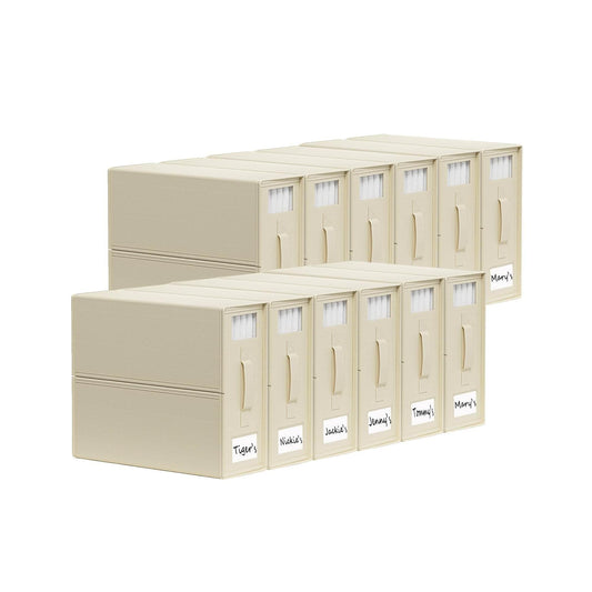Beige foldable bed sheet storage boxes set with front windows and label panels