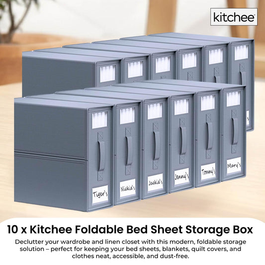 Grey foldable bed sheet storage boxes stacked with front label pockets