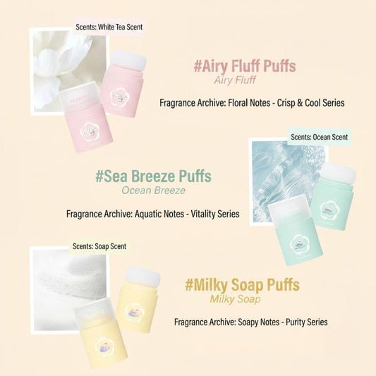 Hair puff powder scents set of pastel mini canisters with puff tops