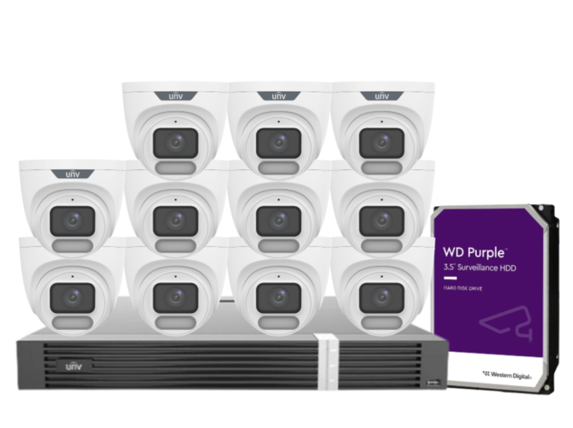 Uniview OWLVIEW 8MP 4K Surveillance Kit – 16x Full-Color Turret Cameras + 16-Channel AI NVR with HDD| IPC3628LE-ADF28K-WP + NVR302-16E2-P16-IQ 0235C6QW | ColorHunter | PoE | Ultra 265