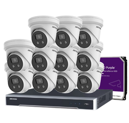 Hikvision 6MP AcuSense 16-Camera CCTV Kit with 16-Channel 8K PoE NVR | DS-2CD2366G2-ISU/SL Cameras + HIK-7616NI-M2/16P Recorder + HDD | Strobe Light + Two-Way Audio | IP67 Rated
