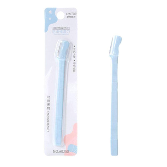 Foldable eyebrow razor with light blue handle and protective cap