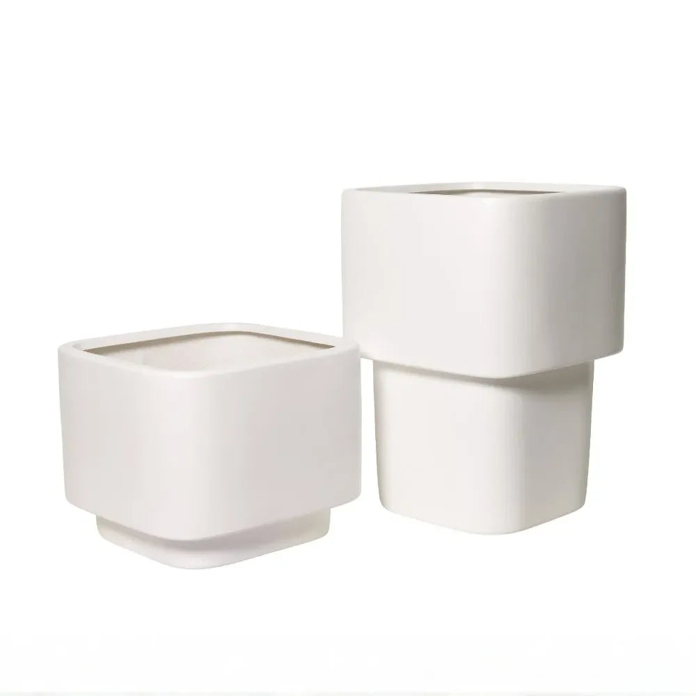 White cube planter set with one small and one large tier, stacked design
