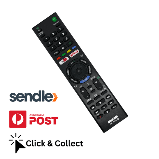 Black TV remote control with keypad, navigation pad, and colored app buttons