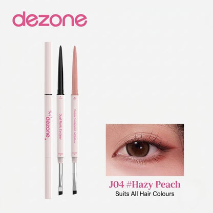 Dual-ended gel eyeliner pencil duo with black tip and hazy peach tip