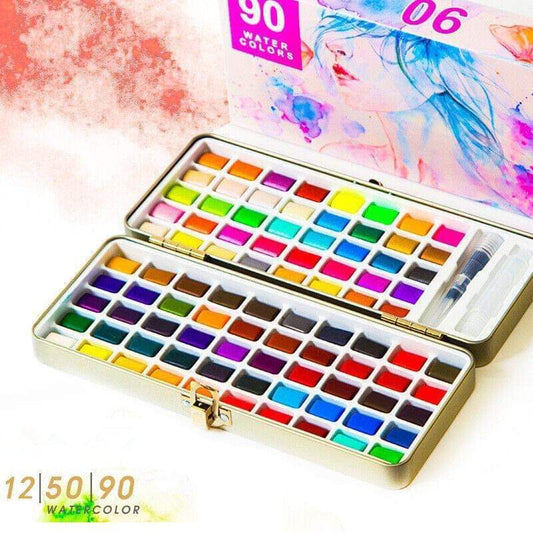 Watercolor paint set with open dual palette and included brush, showing multiple color pans