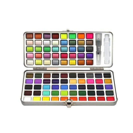Watercolor paint set with metal case open to reveal color pans and two brushes