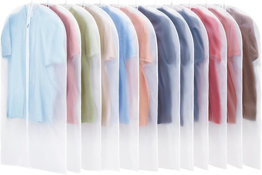 Translucent hanging garment bags in assorted colors, displayed on a rack