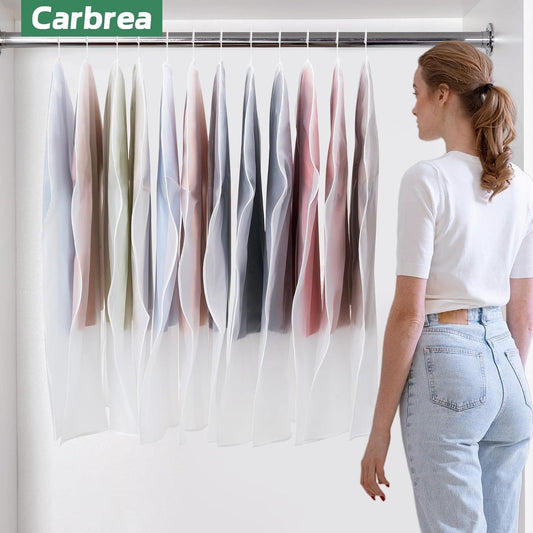 Translucent hanging garment bags for closet storage, with hanger loops and open front