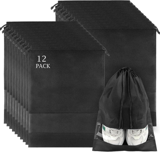 Black drawstring shoe storage bags with clear windows, 12-pack