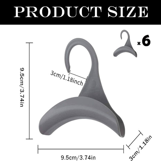 Grey plastic clothes hanger with curved hook, size diagram for reference