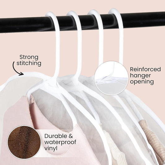 Clear garment bag with reinforced hanger opening and durable stitched seams