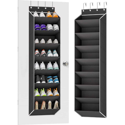 Black wall-mounted shoe organizer with 6 shelves and top hanging hooks, holds 12 pairs.