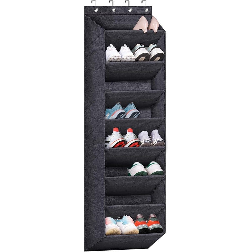 12 Pairs Wall Mounted Shoe Rack with Hooks, Shoe Hanger Storage for Door, 24 x 12 x 4 inches, Black