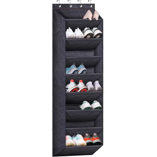 Black fabric shoe rack with multiple shelves and hanging hooks on top for storage.