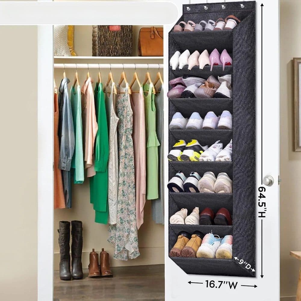 12 Pairs Wall Mounted Shoe Rack with Hooks, Shoe Hanger Storage for Door, 24 x 12 x 4 inches, Black