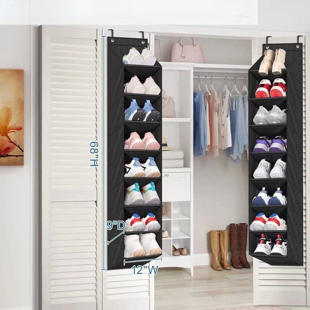 12 Pairs Wall Mounted Shoe Rack with Hooks, Shoe Hanger Storage for Door, 24 x 12 x 4 inches, Black