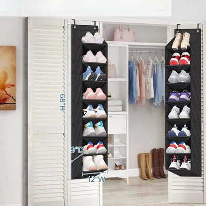 12 Pairs Wall Mounted Shoe Rack with Hooks, Shoe Hanger Storage for Door, 24 x 12 x 4 inches, Black