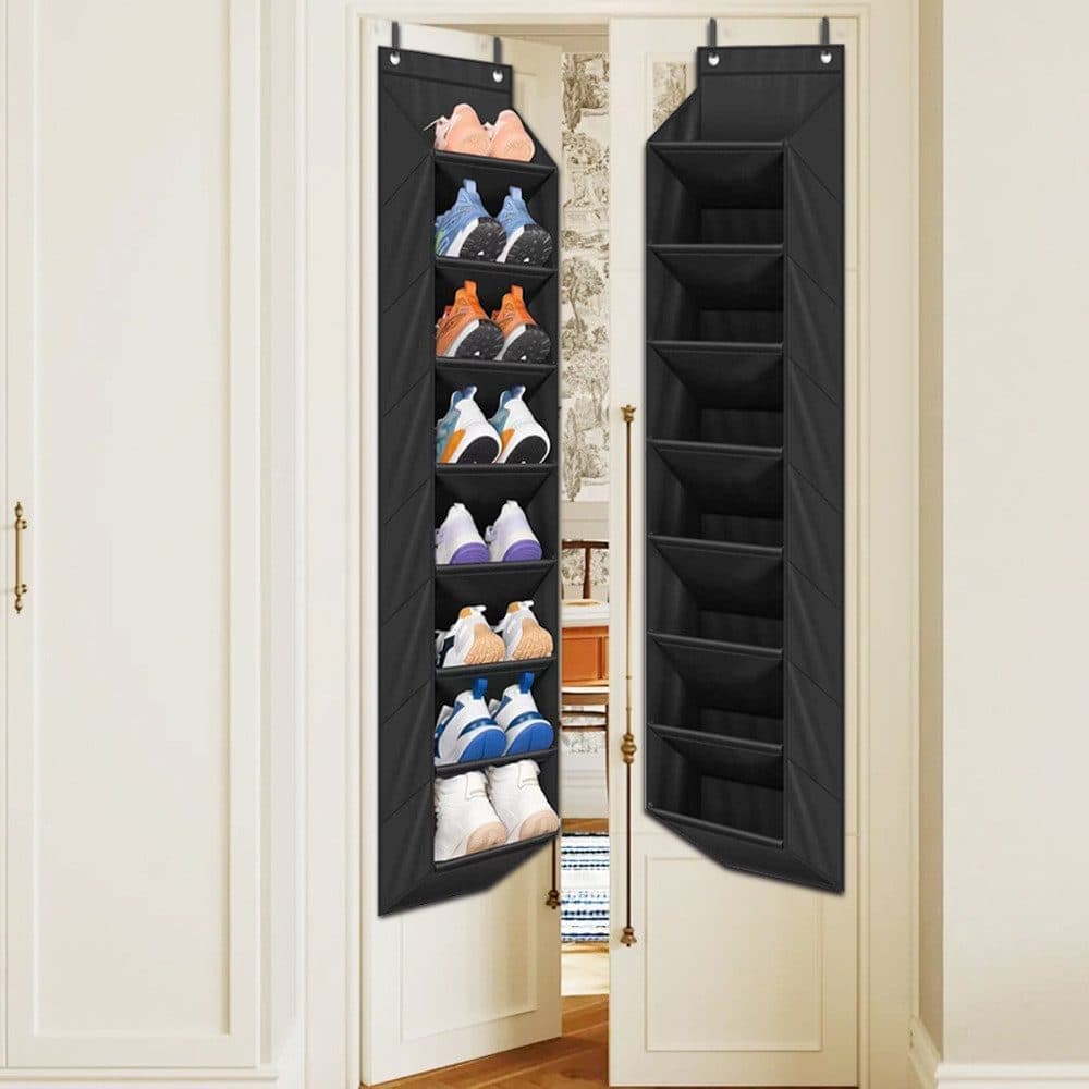 12 Pairs Wall Mounted Shoe Rack with Hooks, Shoe Hanger Storage for Door, 24 x 12 x 4 inches, Black